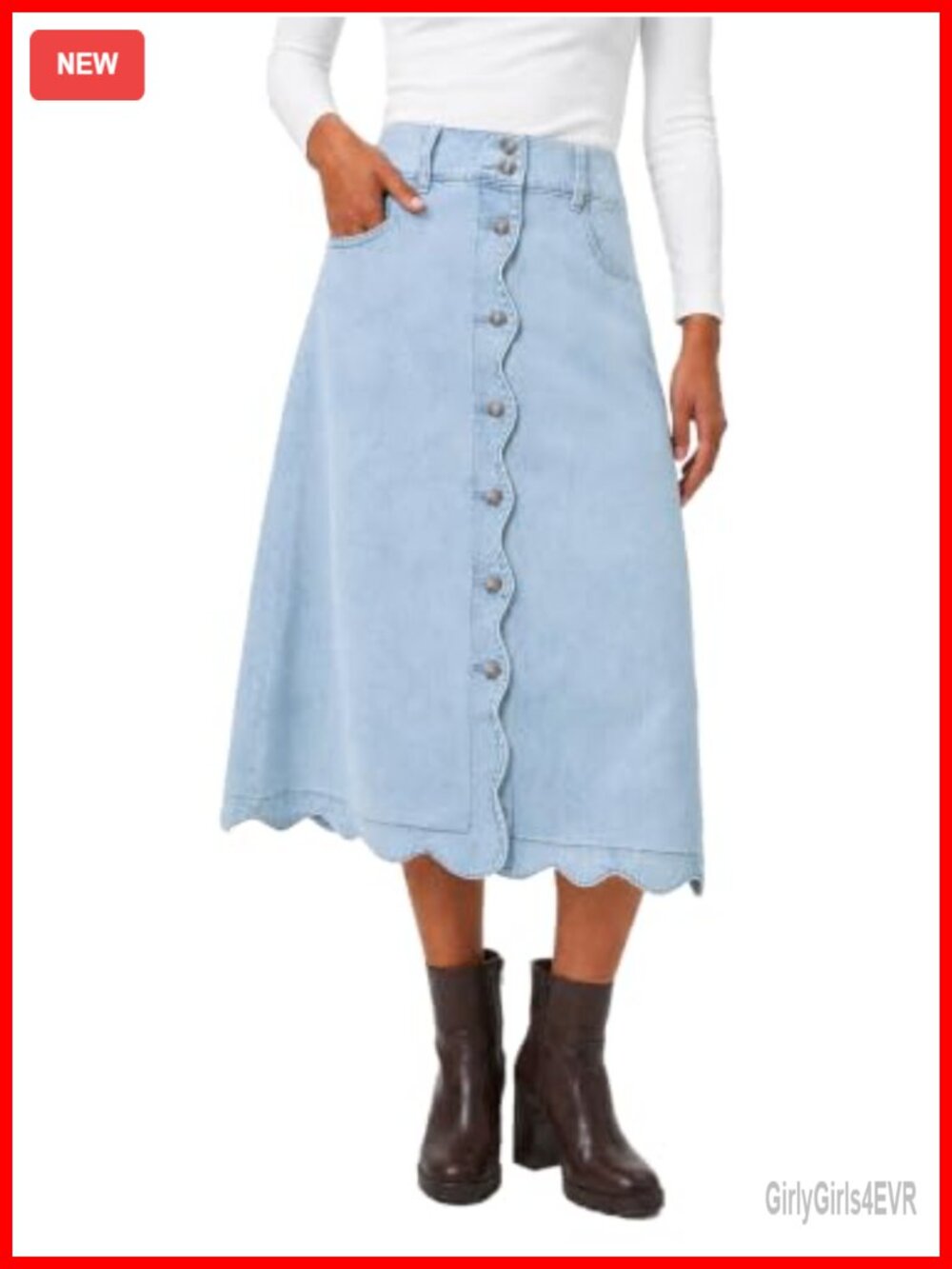 High Waisted Button Down Scalloped Hem Midi Denim Skirt Cotton Blend A-Line